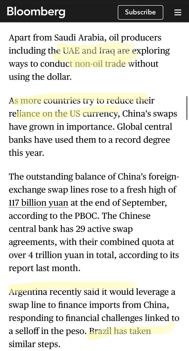 ArmchairAn4lyst's tweet image. (1/9) #NEW from #Bloomberg @BloombergUK #China and #Saudi Arabia Sign Currency Swap Worth $7 Billion

More indicators of #dedollarisation as the global order starts to shift at an accelerated pace in light of the crisis in the #MiddleEast