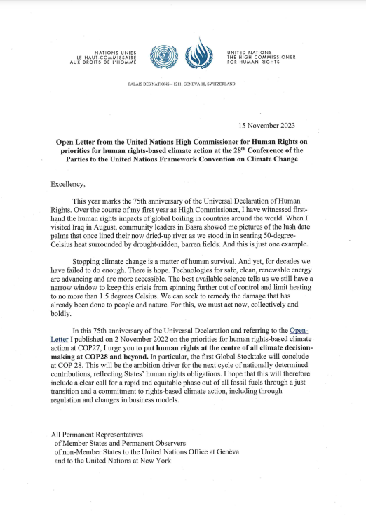 EHRDsRights's tweet photo. Open Letter from the United Nations High Commissioner for Human Rights @volker_turk on priorities for human rights-based climate action at the 28th Conference of the Parties to the United Nations Framework Convention on Climate Change.
#COP28 https://t.co/xHGHHZ1bMg