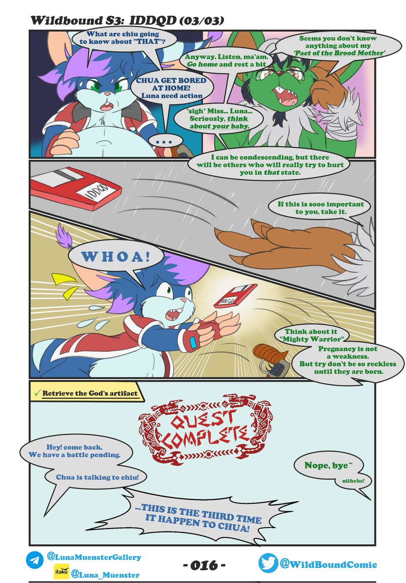 WildBoundComic's tweet photo. Wildbound Season3: IDDQD (03/03)
Luna receives a lecture for her recklessness in wanting to work while pregnant. In the end, Luna ends up winning! Although not in the way she expected.
Thanks a lot @ReesesNezumi for let me share this story along his fursonaπ₯°
#WildBoundComic https://t.co/Bp9jCs1vjB