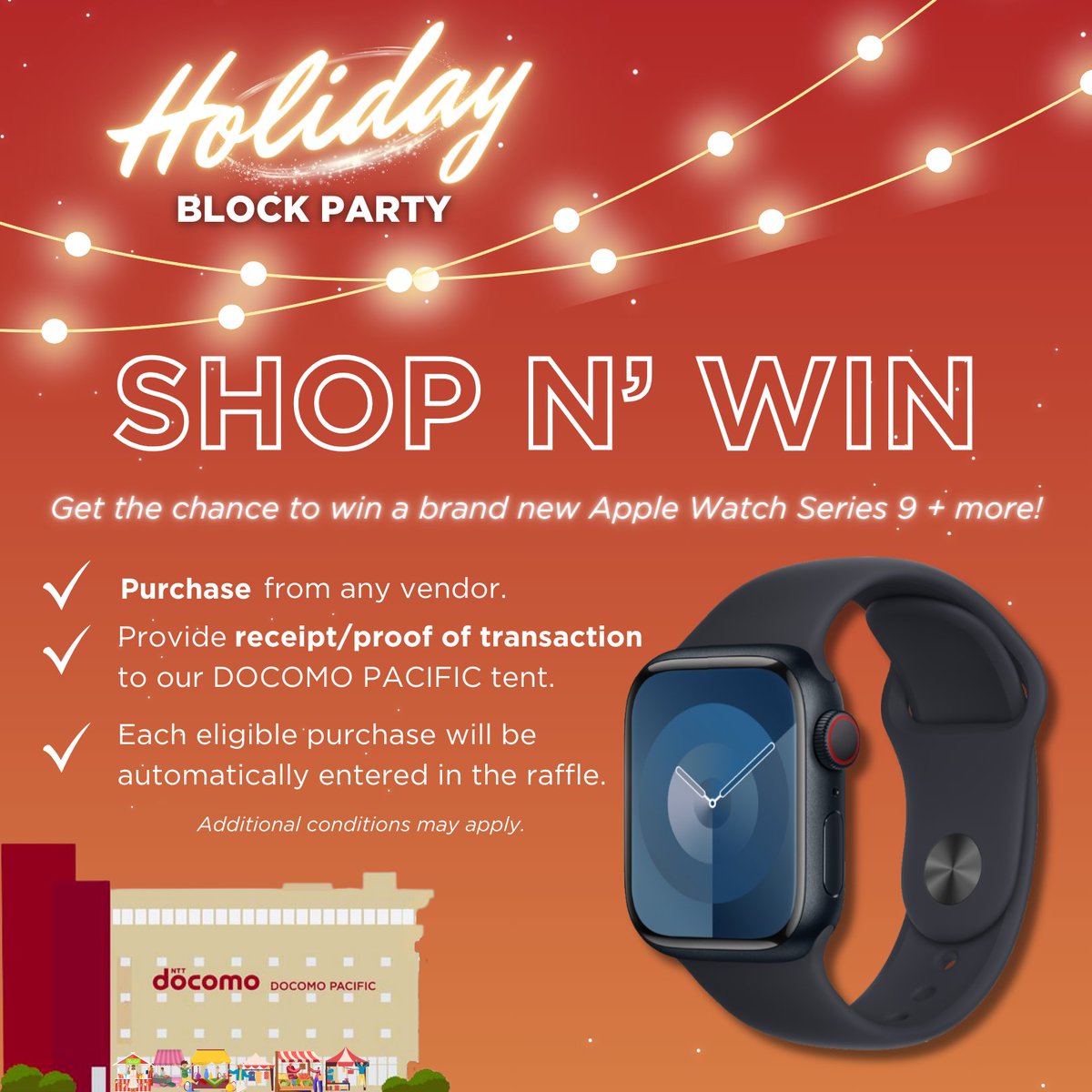 Spend some time with your loved ones at the DOCOMO PACIFIC Holiday Block Party this Saturday, Nov. 26, from 5-9 PM and get a chance to win a brand new Apple Watch Series 9! ⌚️

Follow the steps in our post and get entered to win. Simple n’ easy. Shop n’ win!

#BetterTogether