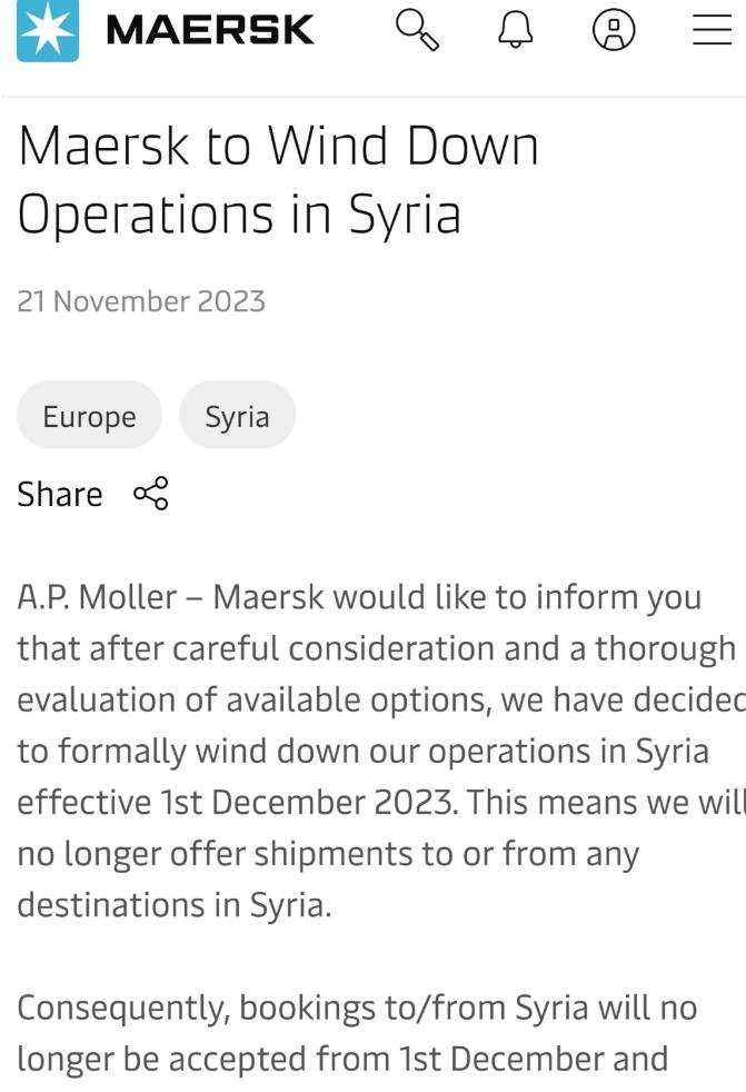 Eden_yeonjun's tweet photo. Danish shipping company Maersk said on Tuesday that it has decided to officially end its Syrian operations from December 1. At that time, it will no longer accept bookings to and from Syria, and Maersk ships will no longer call at Syrian ports.#logistis https://t.co/SV9t428Gi9