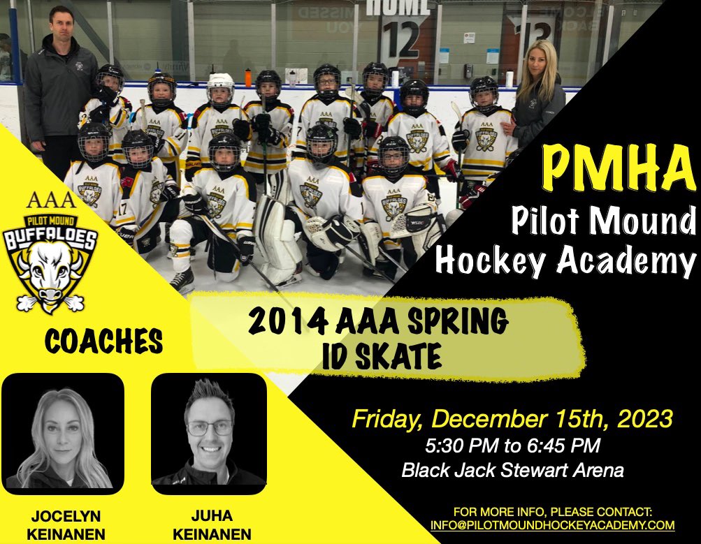 Join us on Friday, December 15th for our 2014 ID Skate in Pilot Mound from 5:30 PM to 6:45 PM. 

Learn More -> pilotmoundhockeyacademy.com/aaa-buffaloes/

Register for ID Skate -> docs.google.com/forms/d/e/1FAI…