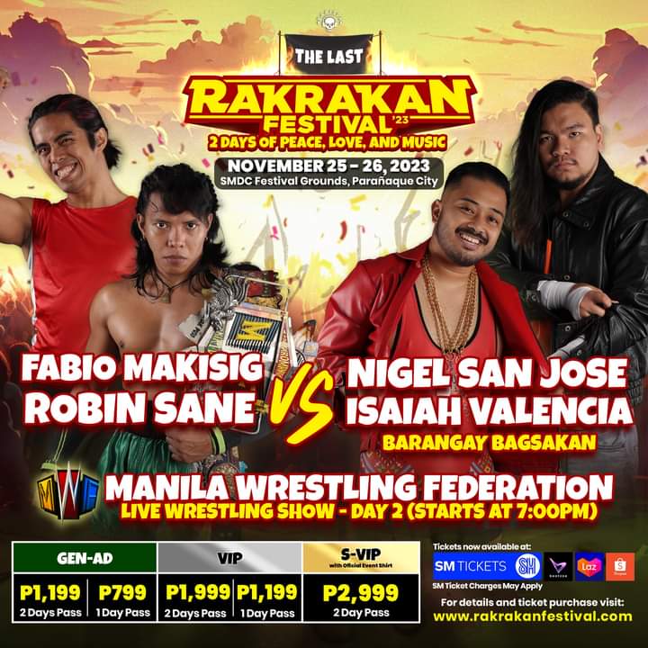 ManilaWrestling's tweet photo. Kita-kits tayo bukas sa Rakrakan Festival! Excited na kaming makipagslaman sa inyo! 💪🔥 Bili na kayo ng tickets dito: https://t.co/1vkw5G9Jbw

#PinoyWrestling 🇵🇭
#PinoyEntertainment 
#MWFxRakrakan 
#RakrakanFestival https://t.co/N2pb1hRF3L