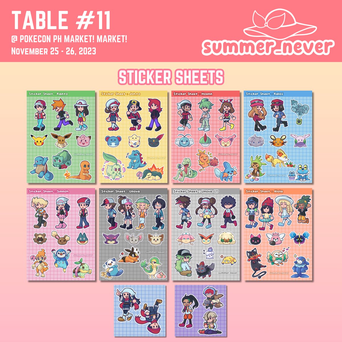 summer_andfall's tweet photo. 🌺🌸 here's my merch catalog for #PokeConPHMarketMarket 🌺🌸

it will be my first time tabling as an artist! 
i'm very excited, feel free to browse my catalog photos! 

see you at table 11 🫶
(🧵 1/5) https://t.co/RV5aT5K67w