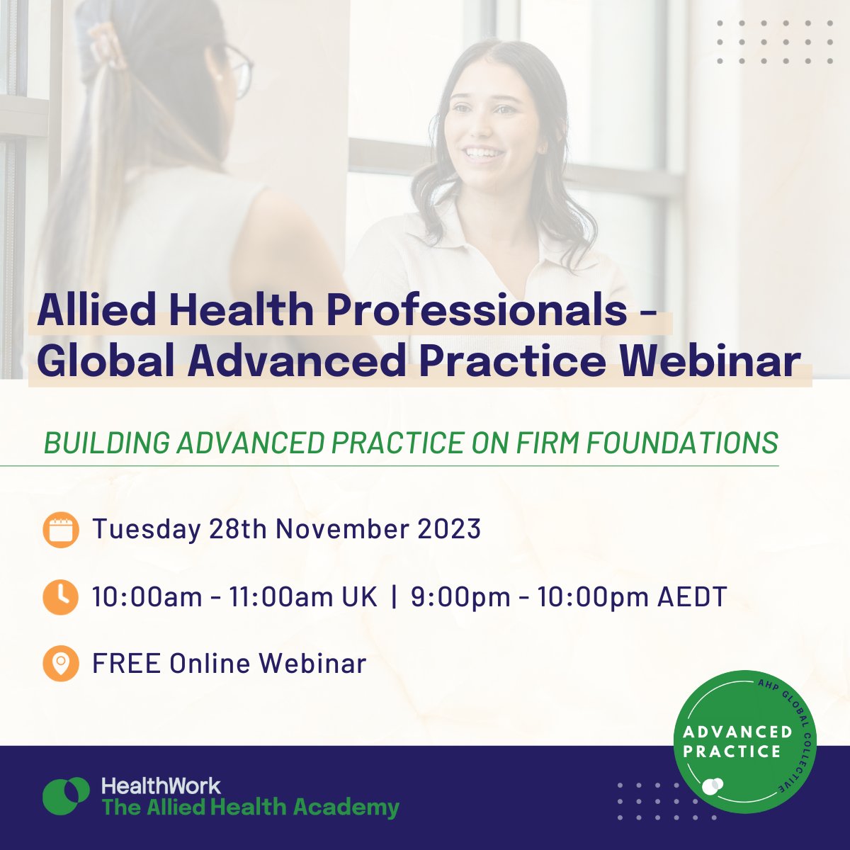 AHP Workforce (@ahpworkforce) on Twitter photo Join us for our next free Advanced Practice webinar on 28 Nov. 📆 This insightful discussion will allow you to dive headfirst into the importance of building strong foundations within AP.
🎟️Book here: loom.ly/9za9QMU
#AdvancedPractice #AlliedHealth <a href="/BeverleyHarden/">Beverley Harden FCSP</a> Join us for our next free Advanced Practice webinar on 28 Nov. 📆 This insightful discussion will allow you to dive headfirst into the importance of building strong foundations within AP.
🎟️Book here: loom.ly/9za9QMU
#AdvancedPractice #AlliedHealth <a href="/BeverleyHarden/">Beverley Harden FCSP</a>