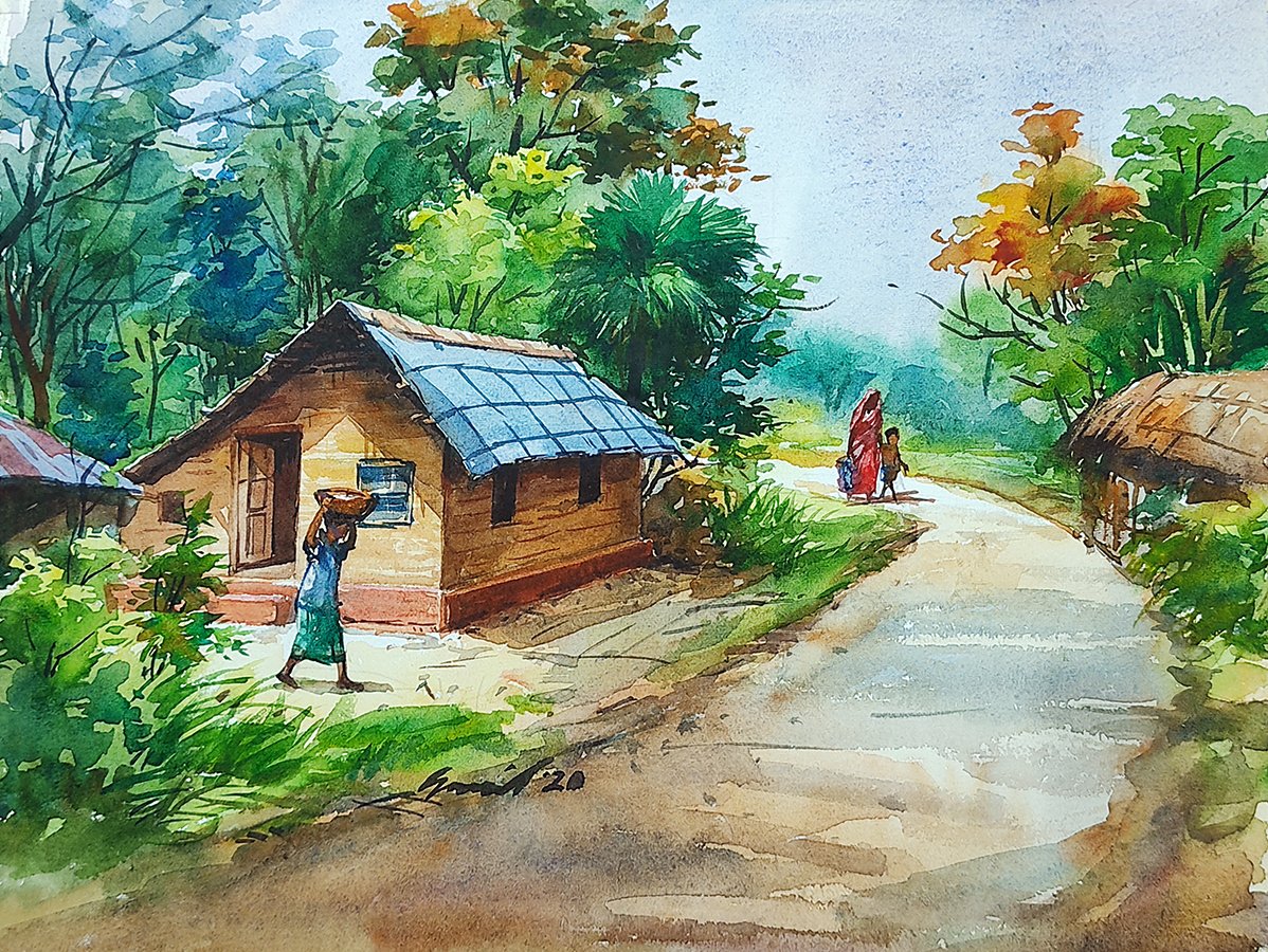 Watercolor Cow Car On The Village Road With Beautiful Scenery Hand Drawn  Illustration