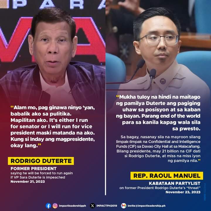 'UHAW SA POSISYON AT SA KABAN NG BAYAN'

Kabataan Partylist Rep. Raoul Manuel comments on former President Rodrigo Duterte's "threat" that he will be forced to run again if his daughter, Vice President Sara Duterte, is impeached.