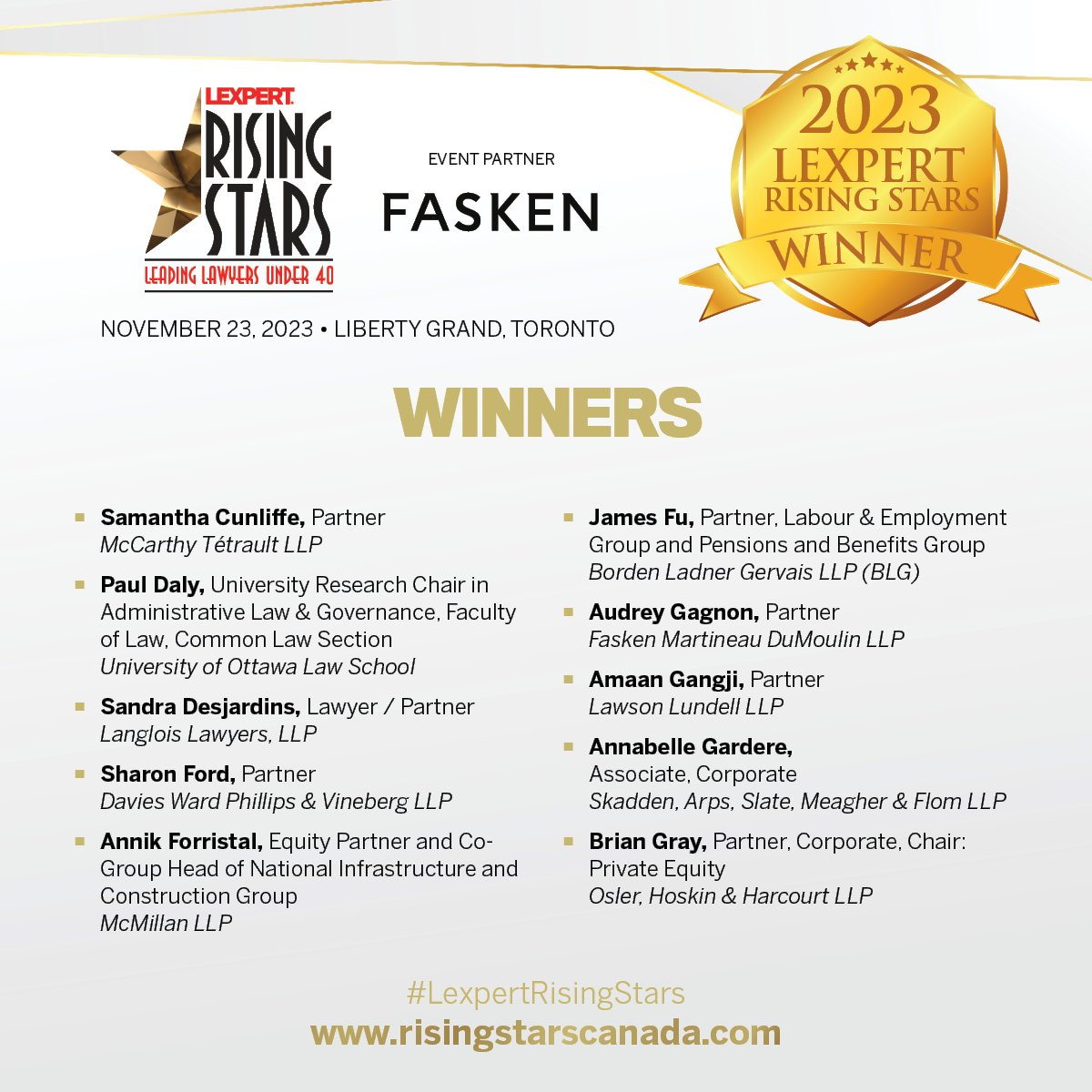 LawTimes's tweet photo. Drumroll, please! 🌟 The winners of Canada’s leading lawyers under 40 are finally here! Join us as we celebrate the remarkable achievements of legal brilliance at the prestigious #LexpertRisingStars. 

View the full list of winners here: https://t.co/oZsdTB30bG https://t.co/oQG51kVFVr