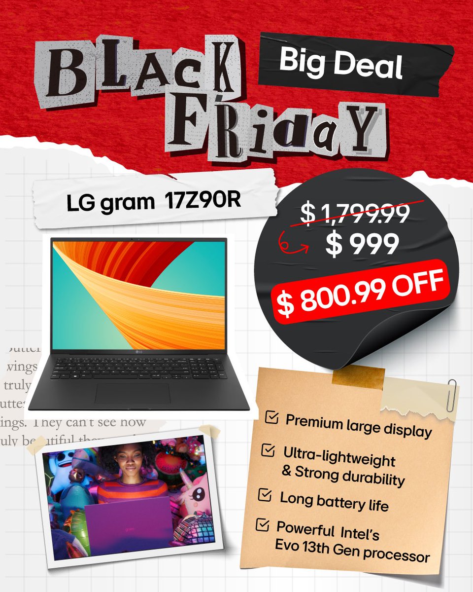 discofly41's tweet photo. #BlackFriday Exclusive! 🎉 Experience the power and portability of the LG gram!

🛒 LG gram 17Z90R → $800.99 OFF: https://t.co/K1nH7aMDl3
🛒 LG gram 16Z90R → $600 OFF: https://t.co/fEnNM0G54z
🛒LG gram 2in1 16T90Q → $768.18 OFF: https://t.co/o9112efpCv

Grab the best deal now! https://t.co/LKOAXHzCP4