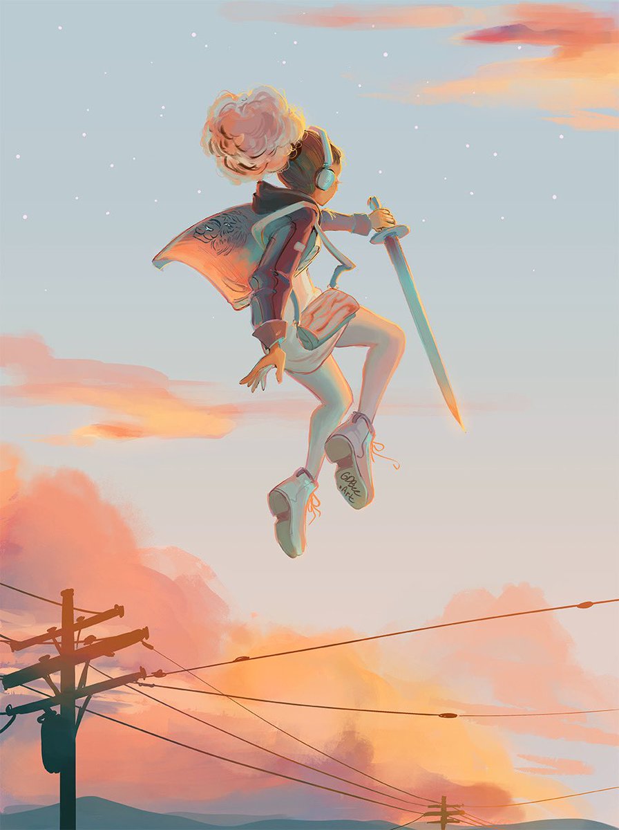 1girl solo sword weapon sky short hair power lines  illustration images