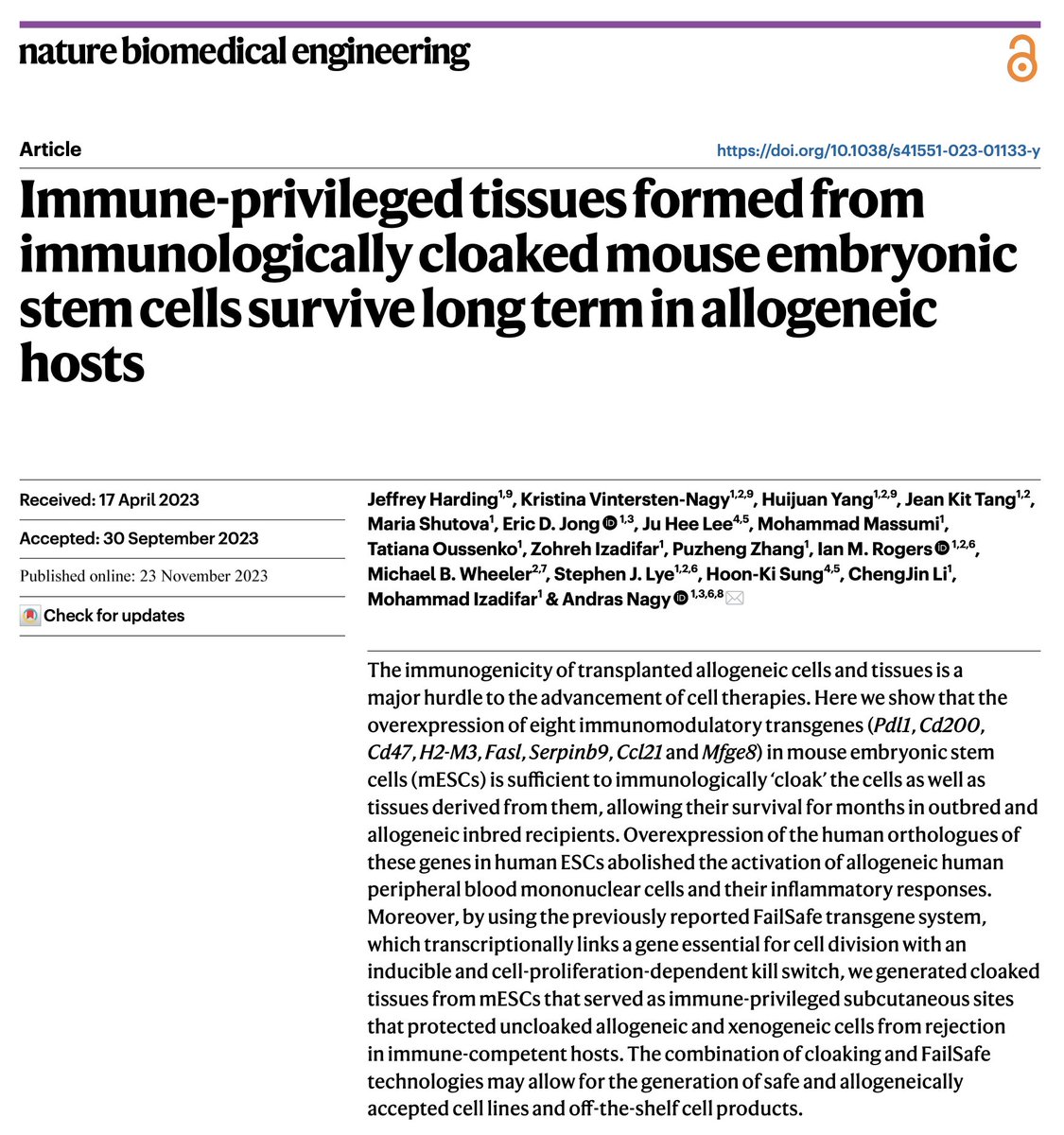 Immune-privileged tissues formed from immunologically cloaked mouse embryonic stem cells survive long term in allogeneic hosts nature.com/articles/s4155…