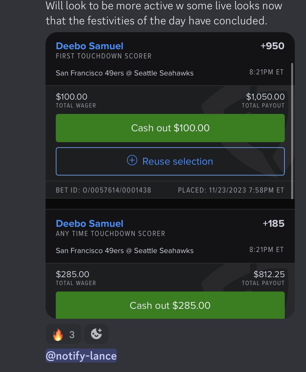 GreenSlipCord's tweet photo. @lancefraenkel strikes again! We cash a +185✅ and +950✅ on DEEBOOO! 

The man is hot and just can’t miss right now. The reads are dead on. You gotta ride the hot hand with Lance!!

Join us now! Link in bio 👇
https://t.co/EYAgfK9Rca https://t.co/6Fa18xRHdJ