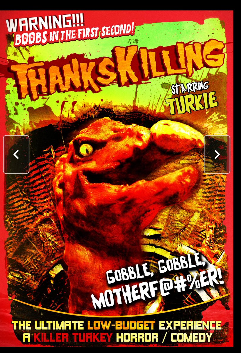 Watching a true holiday classic 'THANKSKILLING' with @pjinks75 Plot: Five college kids on Thanksgiving break stumble across a 386-year-old, necromanced turkey in the woods - and he's one bloodthirsty, fowl-mouthed bastard! #thankskilling #Thanksgiving