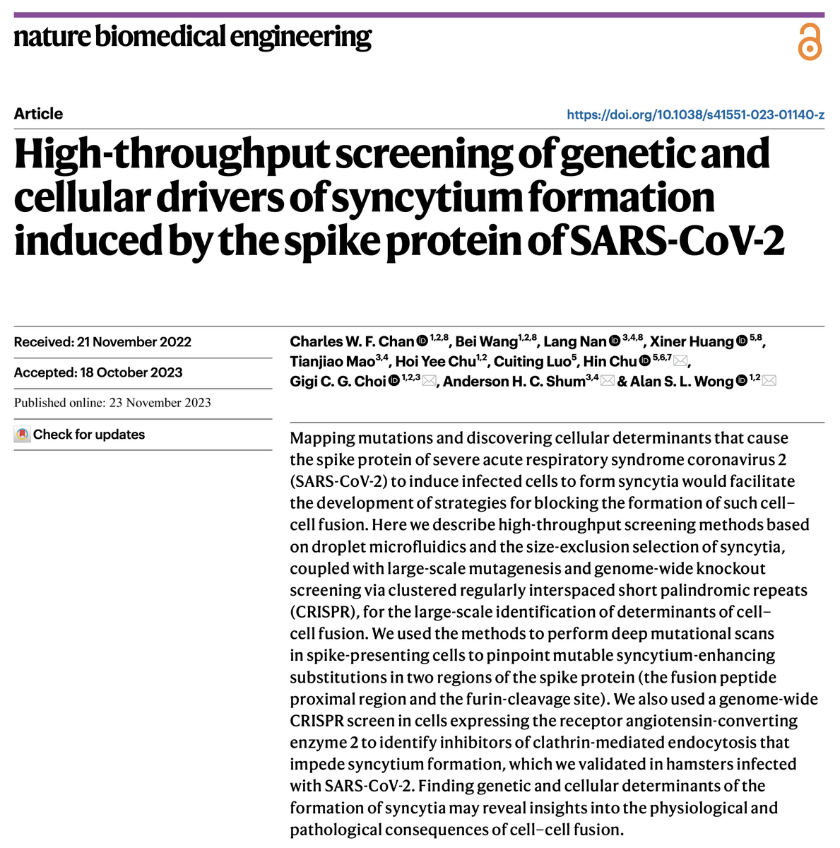 High-throughput screening of genetic and cellular drivers of syncytium formation induced by the spike protein of SARS-CoV-2 nature.com/articles/s4155…