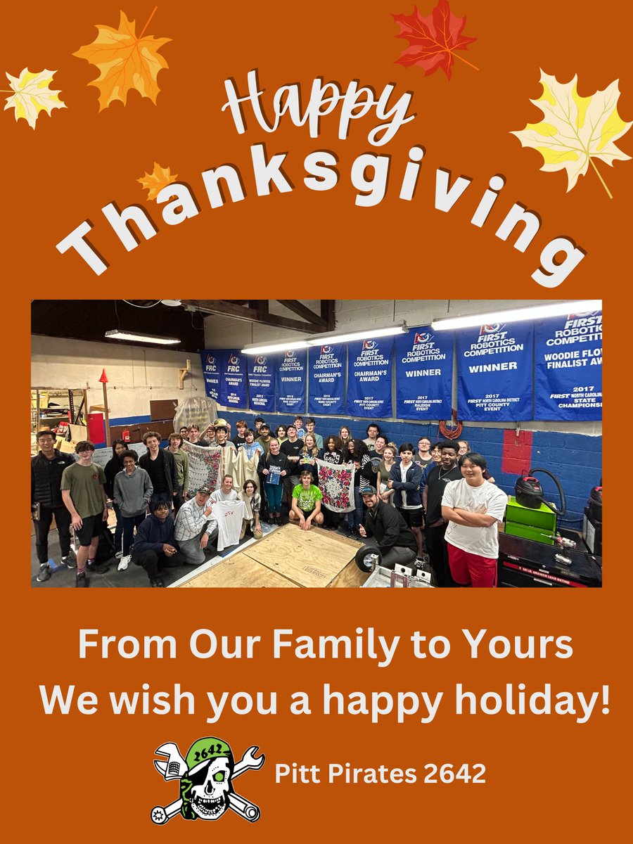 Happy Thanksgiving from our FRC family to all the Families of FIRST!
<a href="/FIRSTweets/">FIRST</a> <a href="/firstlikeagirl/">FIRSTLikeAGirl</a> <a href="/FIRSTNC/">FIRST North Carolina</a> <a href="/ladiesinfirst/">FIRST Ladies</a> <a href="/SWEtalk/">SWE</a> <a href="/Apple/">Apple</a> <a href="/Boeing/">The Boeing Company</a> <a href="/LockheedMartin/">Lockheed Martin</a>