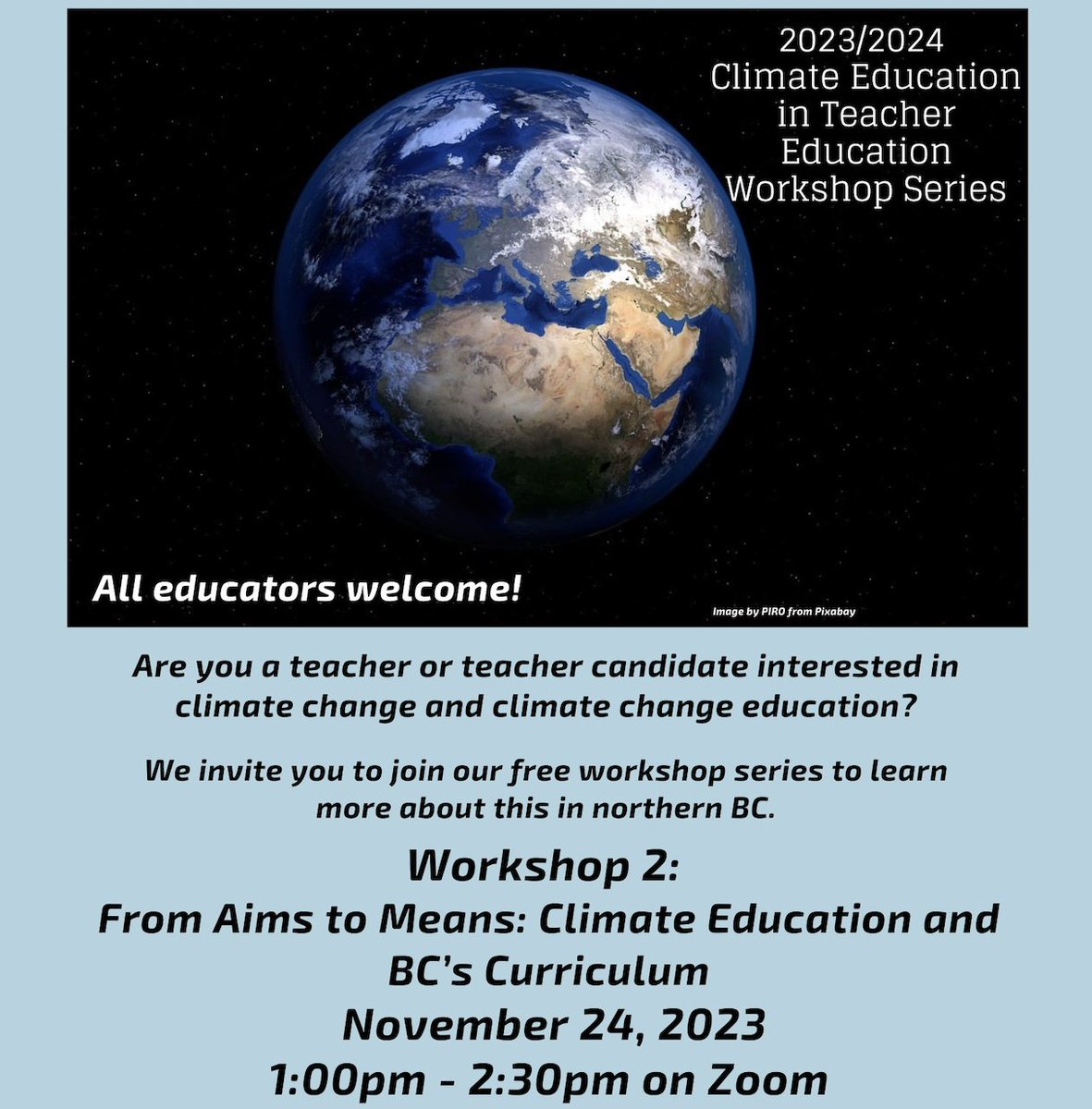 #CETE Workshop 2 - From Aims to Means: Climate Education &amp; BC's Curriculum - Nov. 24, 2023 at 1:00pm - 2:30pm 

Workshop registration: unbc.zoom.us/meeting/regist… (note: the time on the Zoom registration is different - please ignore). 

For more info, go to: www2.unbc.ca/education/clim…