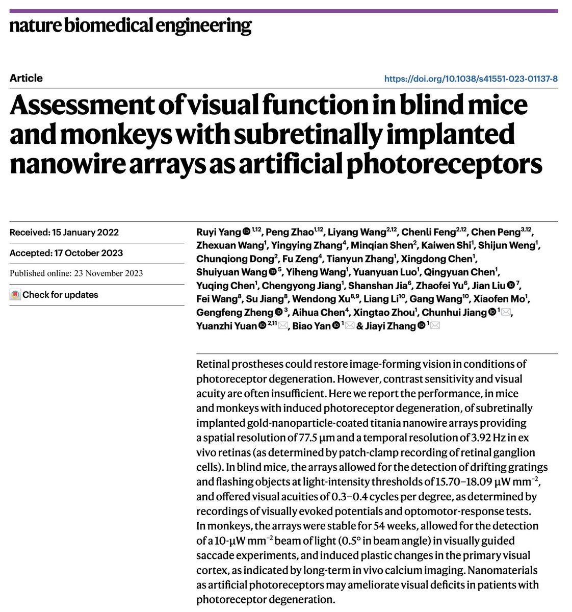 Assessment of visual function in blind mice and monkeys with subretinally implanted nanowire arrays as artificial photoreceptors rdcu.be/drSsY