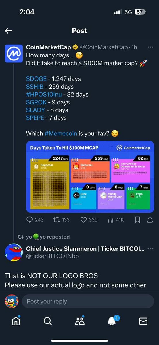 MantisPriezt's tweet photo. @CoinMarketCap we appreciate you deleting the original tweet where you messed up but we would highly appreciate it if you would repost it with the correct logo (and ticker). 

And also get that message off the chart as it is wildly inaccurate (see pic 2). 

Sincerely, the #HarryPotterObamaSonic10Inu ($BITCOIN) community.