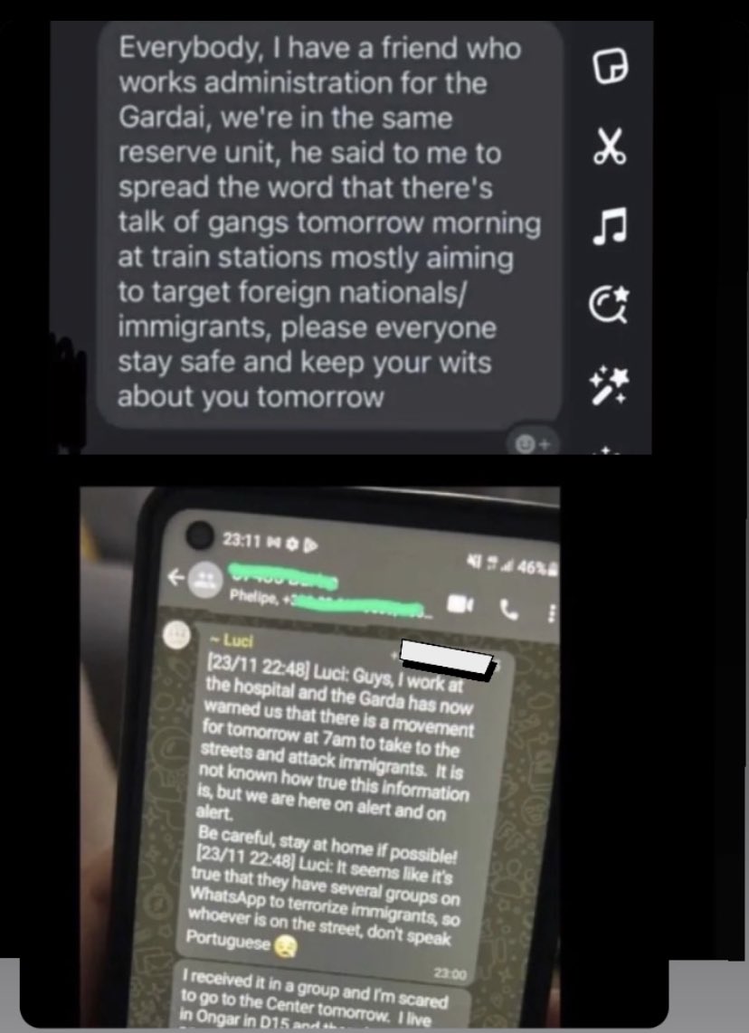 gm_elinor's tweet photo. ❗️screenshots going around saying planned attacks on trains tomorrow aiming for foreign nationals/ immigrants. Please stay safe: getting into work is not worth your life.

If anyone is stuck anywhere in Dublin now or tomorrow, DM me and I’ll do my best to pick you up.#DublinRiot https://t.co/KwDEBp4bFl