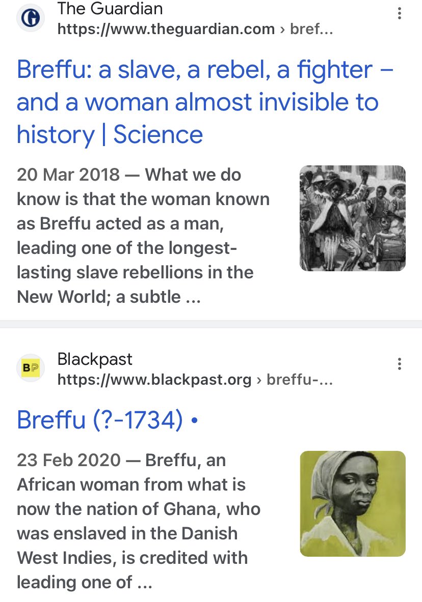 OTD: 1733, The 2nd. known #FemaleLeader,  Breffu, led a #SlaveRevolt in Danish W.I., now Virgin Islands. 

Only knew of the legendary #QueenNanny. Maroon Chieftainess