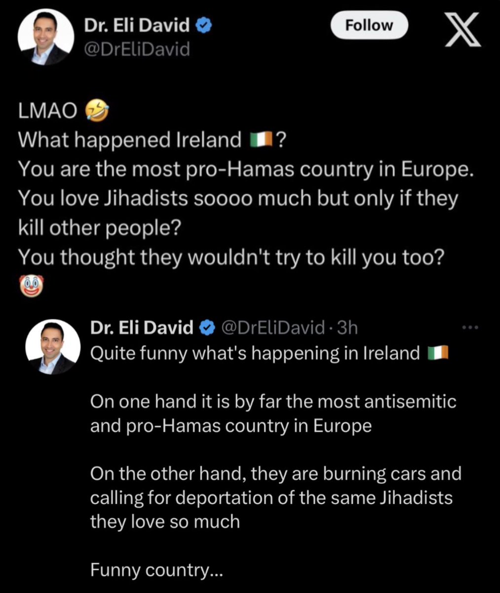 CensoredMen's tweet photo. 🇮🇪🇮🇱 WEF bot, Dr. Eli David, finds the stabbing of 3 Irish children and a woman funny.

"LMAO 🤣" was his reaction to the news.

You see how sick he is!?

Laughing at innocent children that were STABBED just to push his Zionist agenda.

Vile creature.

Absolutely vile. https://t.co/tS5S9ljw6F