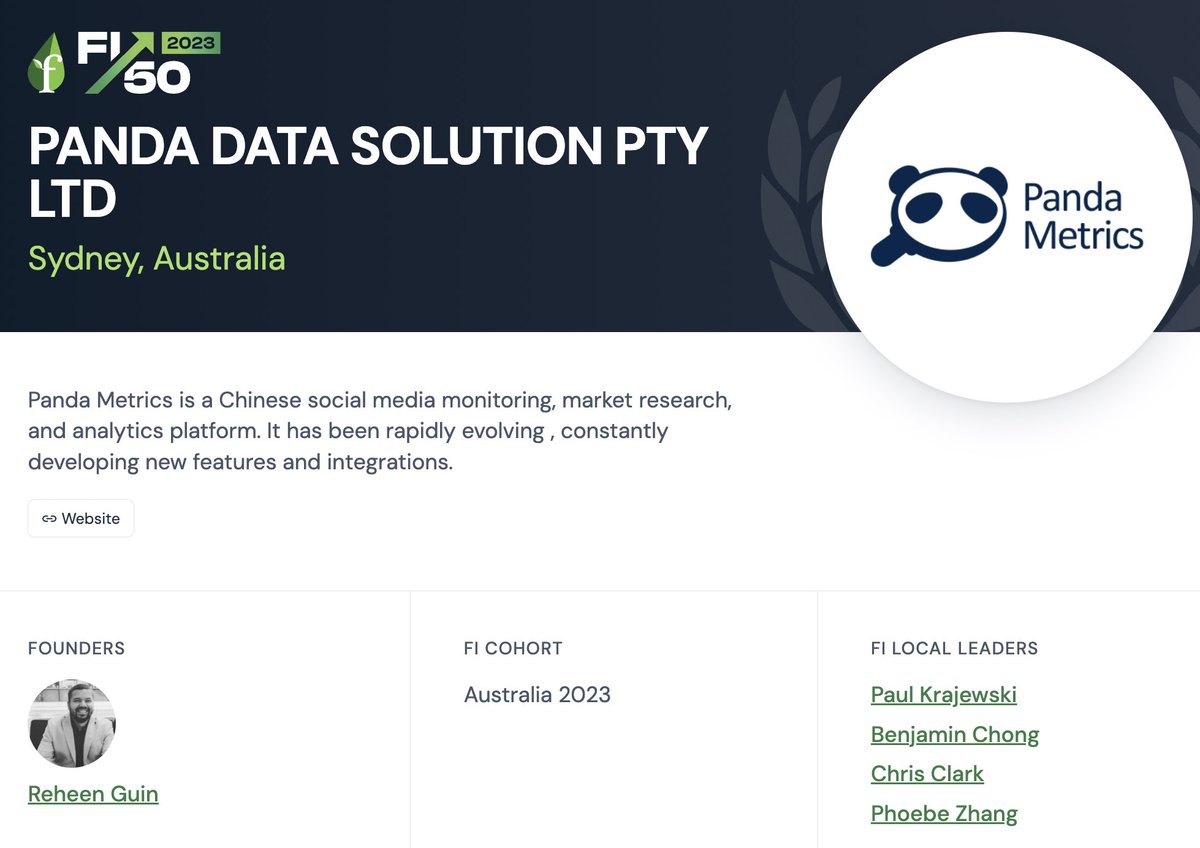 Congratulations #PandaMetrics named one of the Fastest Growing Companies of 2023 by #FounderInstitute #Australia & #NewZealand @founding @FoundingSYD fi.co/50/pandametrics 

Also see sales-enablement-tools.com/2016/12/16/lis… Panda Data Solutions Pty Ltd #SocialMediaMonitoring #brandmonitoring