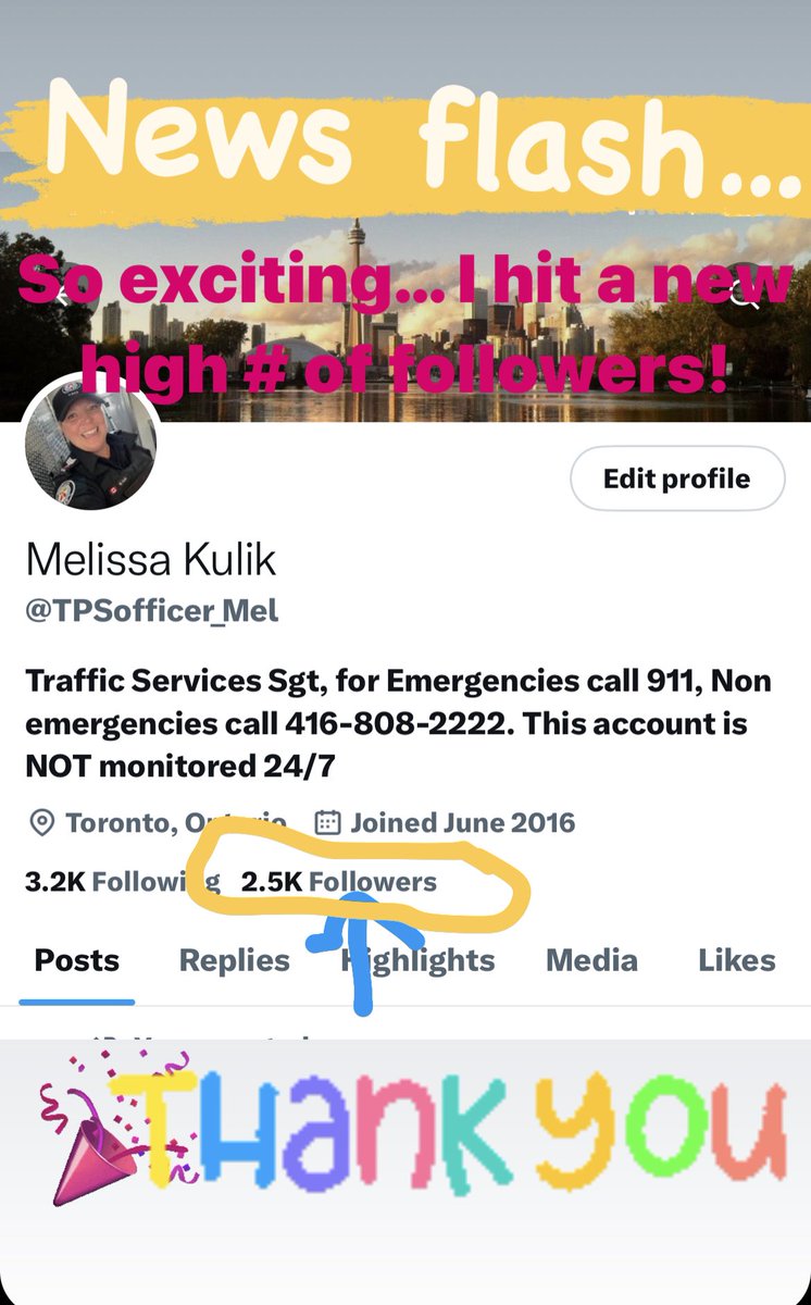 Its official… 2.5k followers!! Thanks for all the support, hopefully you can continue to enjoy my educational and informative tweets! #CommunityPolicing #TPS #StaySafe #ThanksToMyFollowers #SmileAndBeHappy