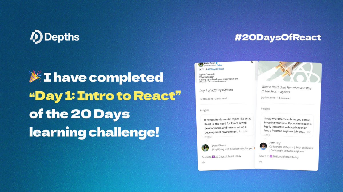 I have completed Day 1: Intro to React of the 20 Days React Learning challenge! 🎉 

Check out the challenge and learn with me together: depths.so/events/20DaysO… 

#20DaysOfReact