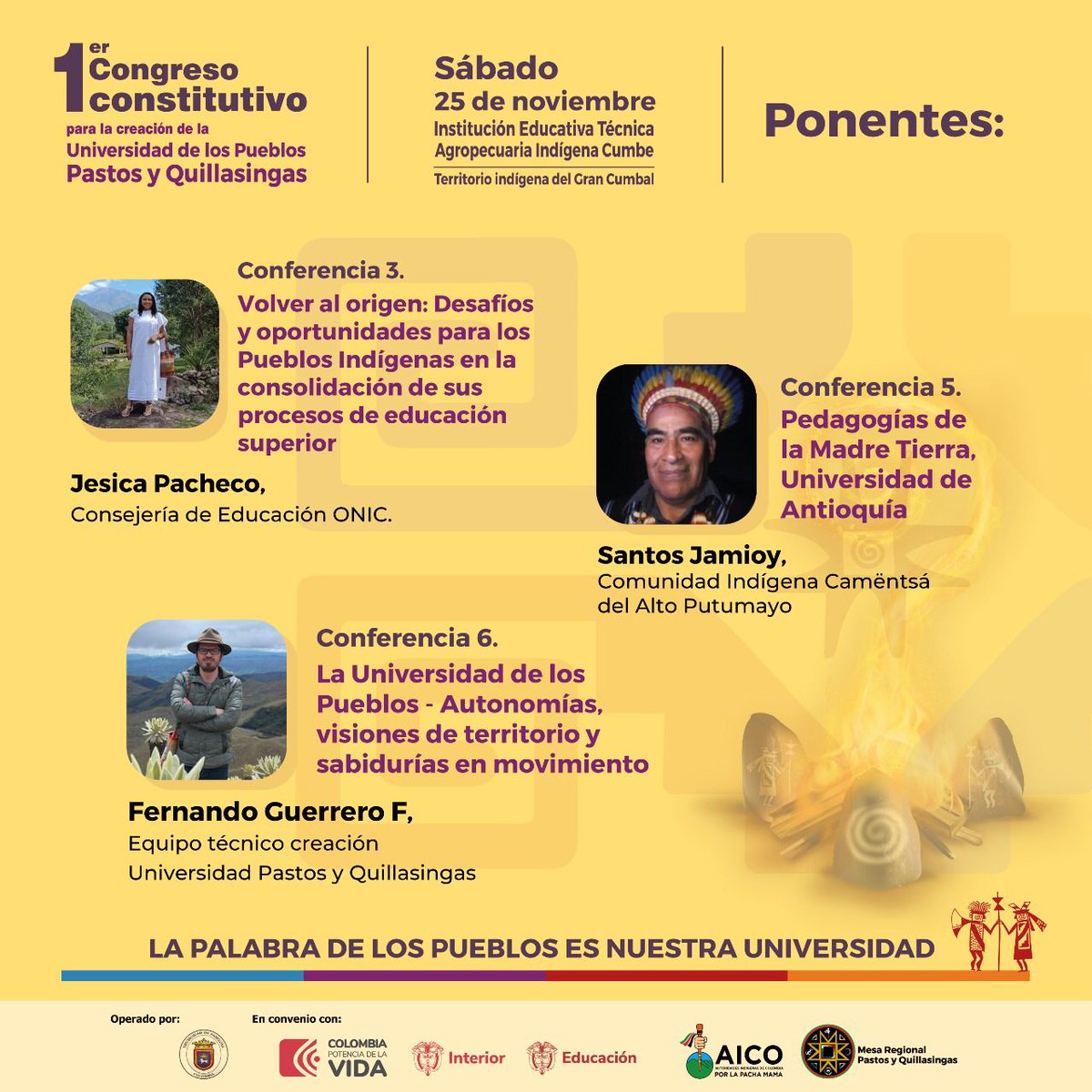 Estamos listos para el 1er Congreso Constitutivo de la Universidad de los Pueblos Pastos y Quillasingas 🏫

Conoce a los ponentes que participarán de este espacio académico. 

Caminamos hacia la Educación Superior Propia de los Pueblos Indígenas del sur del país. 

¡No faltes!