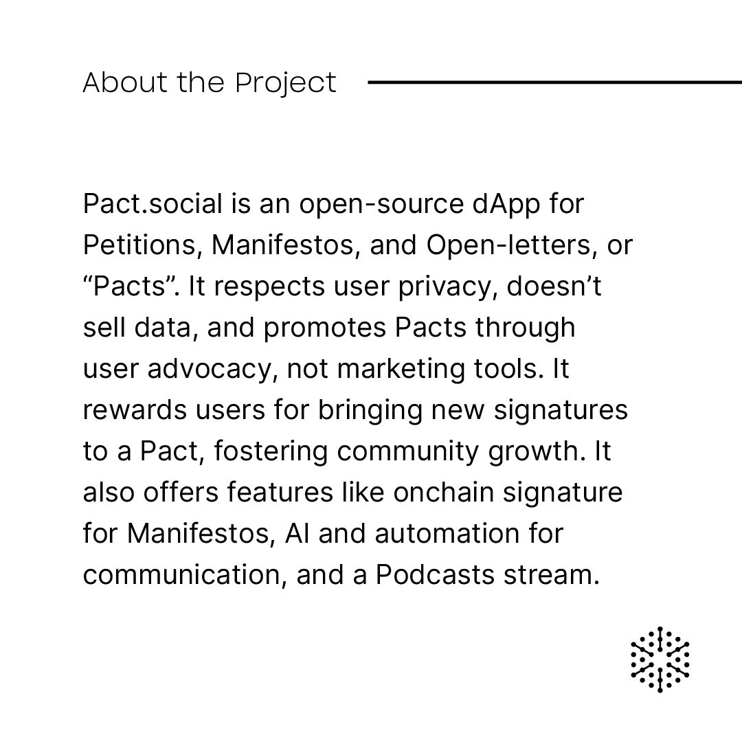 OpenCivics's tweet photo. Showcase: Genesis Round Grantee – @pactsocial0x
Donate: https://t.co/pmfS6oXSPK
#GG19 #Gitcoin #deciv https://t.co/ewu0q6ckAr