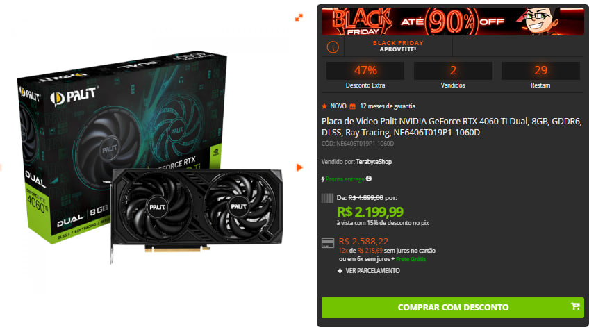 Placa de Vídeo Palit NVIDIA GeForce RTX 4060 Ti Dual, 8GB, GDDR6, DLSS, Ray  Tracing, NE6406T019P1