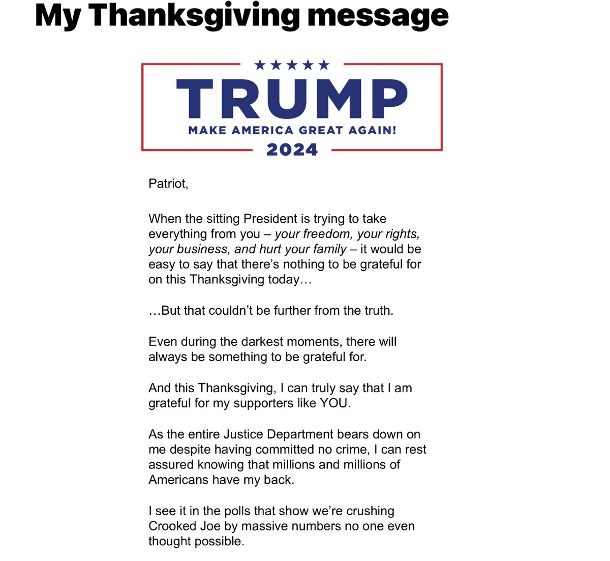 cappythemagahat's tweet photo. This Is President Trump's Thanksgiving Message 🦃💌!

Disclaimer: this post is partly fictional (the image is fake).

What do you want to see next?

#MAGAMovement #Trump2024 #PresidentTrump #MAGA #TrumpTrain #USFlag #TurkeyDay #TrumpFamily #45thPOTUS #TrumpTeam #Thanksgiving https://t.co/3Zh0Arw82K