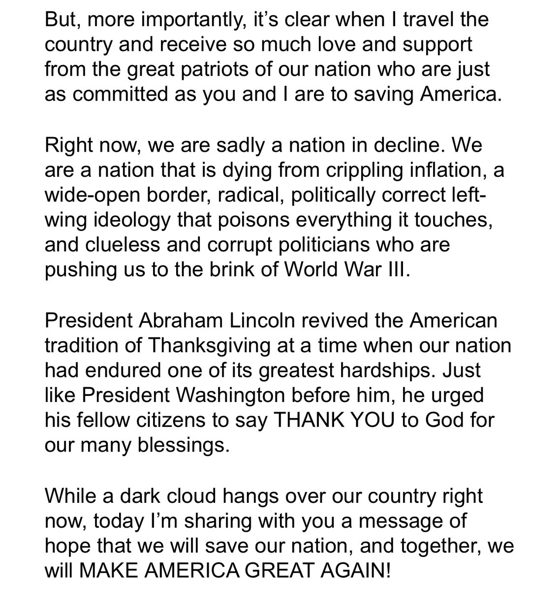 cappythemagahat's tweet photo. This Is President Trump's Thanksgiving Message 🦃💌!

Disclaimer: this post is partly fictional (the image is fake).

What do you want to see next?

#MAGAMovement #Trump2024 #PresidentTrump #MAGA #TrumpTrain #USFlag #TurkeyDay #TrumpFamily #45thPOTUS #TrumpTeam #Thanksgiving https://t.co/3Zh0Arw82K