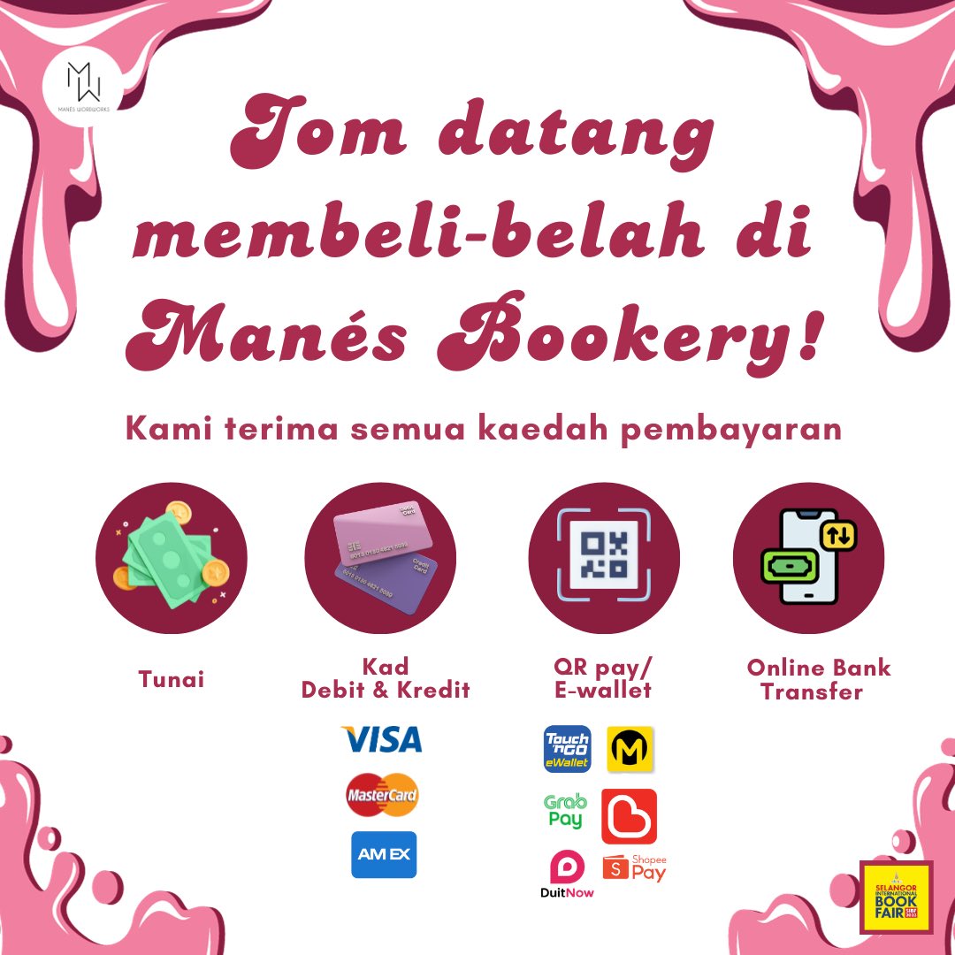 “Cik Sweet, saya tak bawa duit cash, boleh bayar guna kad?”

“E-wallet atau QrPay boleh tak Cik Sweet?”

Boleh dik, jangan risau semuaaa cara boleh!

Di reruai Manés, kami terima semua kaedah pembayaran asalkan awak dapat beli novel-novel kami!