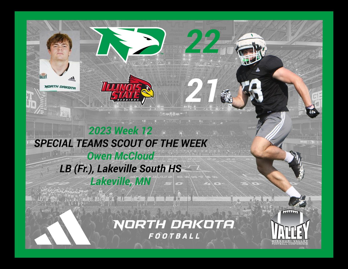 Playoff berths take a village. These guys stood out last week with awesome efforts. Congrats to Owen McCloud <a href="/OwenMcCloud1/">Owen McCloud</a> out of Lakeville South in Minnesota <a href="/LSHSCougarsFB/">Lakeville South Football</a> for being named Special Teams Scout of the Week! #DayByDay #UNDProud