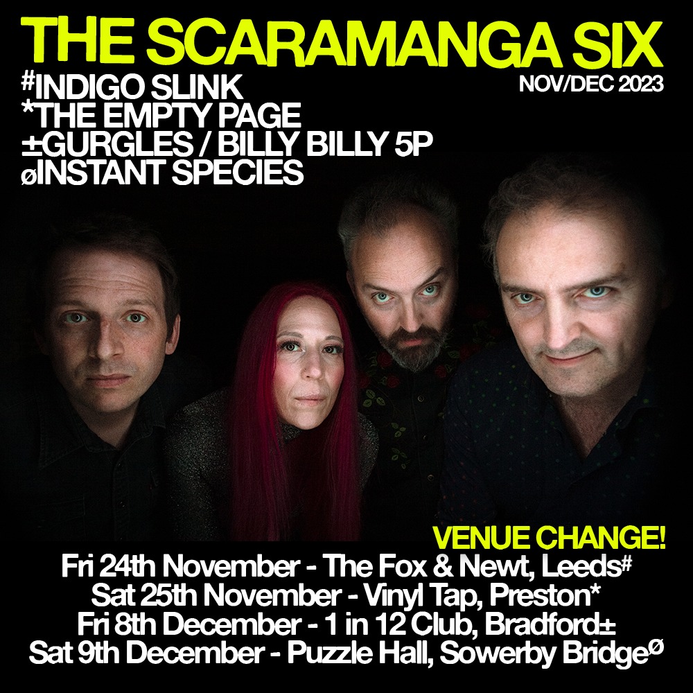 IndigoSlink's tweet photo. Indigo Slink support The Scaramanga Six TONIGHT (Fri 24th Nov) Upstairs at The Fox and Newt, 9 Burley Street, Leeds, LS3 1LD - 8pm ish. This is a change of venue following the fire a the Grove. #FoxandNewt #IndigoSlink #TheScaramangaSix #ScaramangaSix #Leeds https://t.co/4F90R51aDX