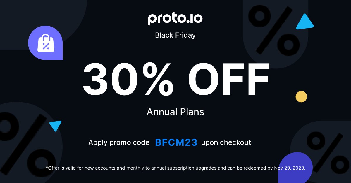 Our biggest deal of the year is here ⚠️ 30% OFF on all Proto.io new annual plans or monthly to annual upgrades, using code BFCM23 upon checkout! The offer only stands for a few more days, so get it while you can 🏃‍♂️🏃‍♀️