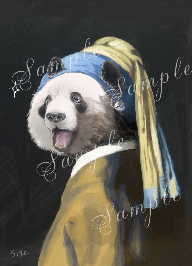 某展示会のために描いた名画+パンダの絵。 告知しなきゃと思っていたら