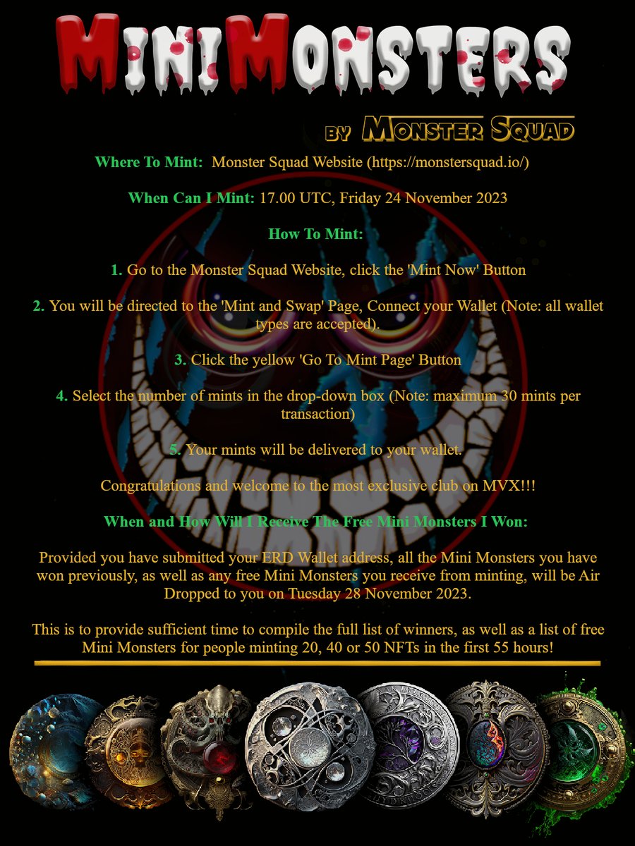 MonsterSquadMVX's tweet image. 👾👽👹The Monsters Are Here👹👽👾
Hello Monsters,
The big day is finally here - in less than 10 hours, our Mini Monsters mint goes live!!!
We have some important details about our mint to share.
For the stragglers, last chance to our Mini Monsters Discord:…