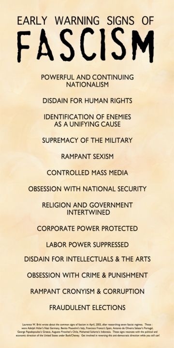 Early warning signs of fascism. 
Dit laten we niet gebeuren!