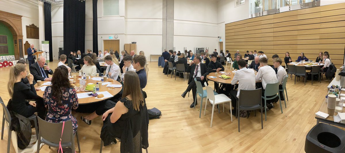 BoroughmuirHS's tweet photo. BHS and Former Pupils Business Breakfast - a mix of business and football this morning.  A privilege to hear from someone that worked in financial services but also played football with George Best https://t.co/UmLv6S4Iie