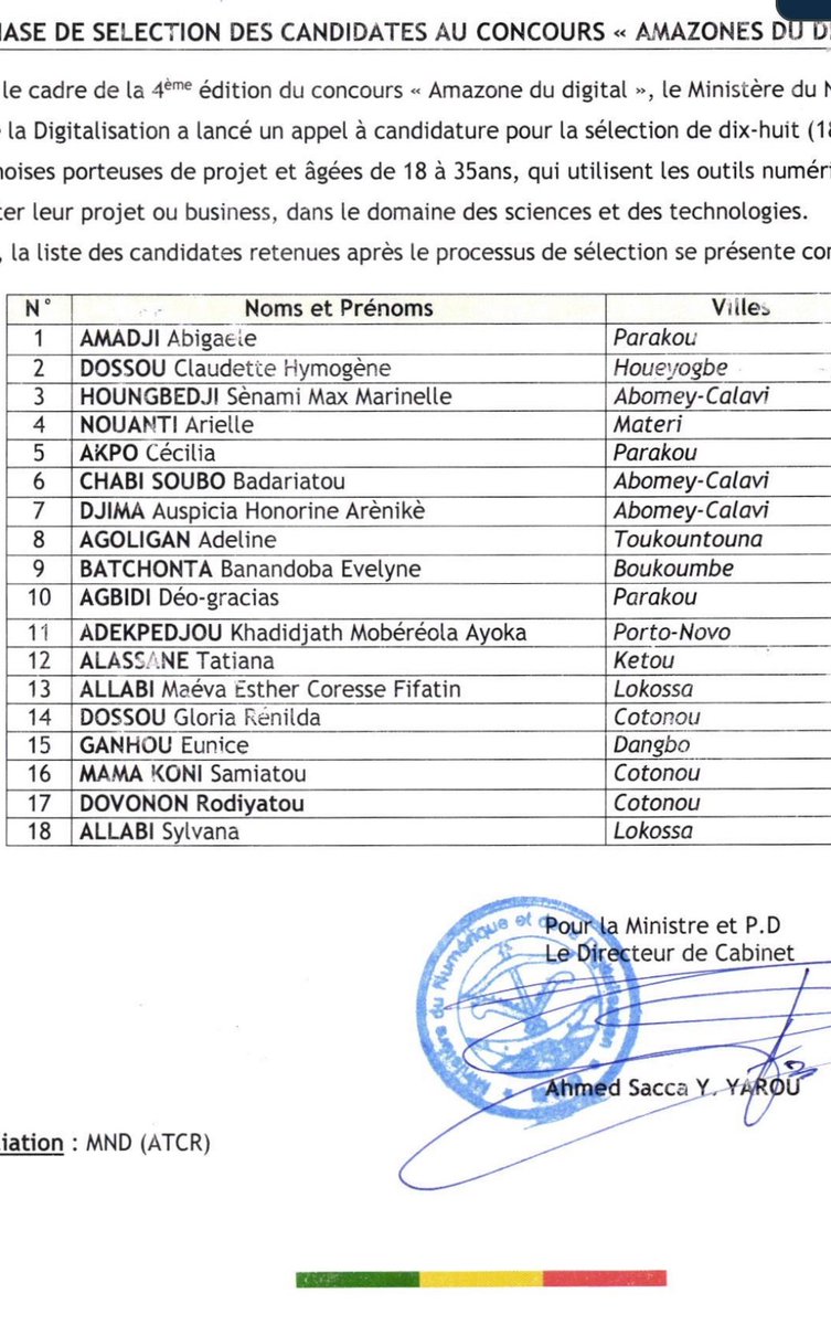 DotoSenami's tweet image. Je suis heureuse d'être parmi les 18 femmes sélectionnées sur le territoire béninois par le @numeriquebenin pour compétir au concours "Amazones du digital" en tant que femme béninoise porteuse de projet innovateur employant le numérique.