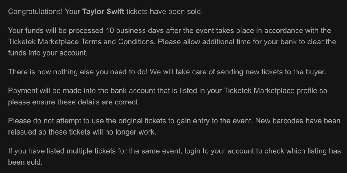 _candice21's tweet photo. Anyone else sell their eras tour tickets on Ticketek marketplace? Just got this email saying you get your money after the show… what a joke @Ticketek_AU https://t.co/ksLqtMoOU1
