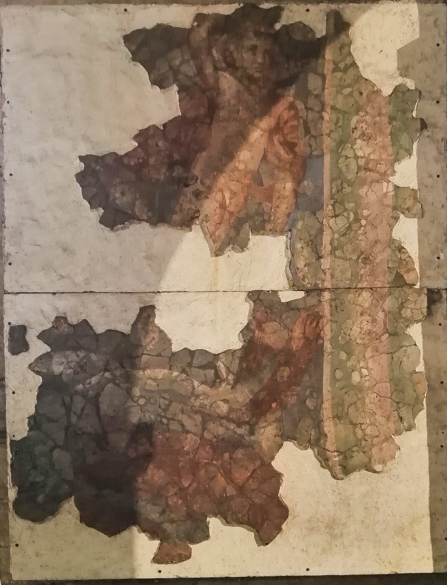 A rather large &amp; wonderful (but hard to photograph) section of painted wall plaster depicting Cupid from a #Roman villa discovered in #Southwell, Notts.
Now on the wall of the splendid #SouthwellMinster.

#RomanBritain #Archaeology #RomanArchaeology #FrescoFriday #Nottinghamshire