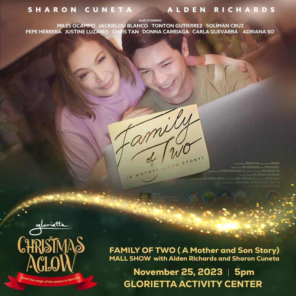Join us for an unforgettable mall show experience with Alden Richards and Ms. Sharon Cuneta's first mall show appearance #HereAtGlorietta. 🥰 Learn about the heartwarming tale of a mother and son in 'A Family of Two'!👩‍👦🥰 📆November 25, 5PM 📍Glorietta Activity Center