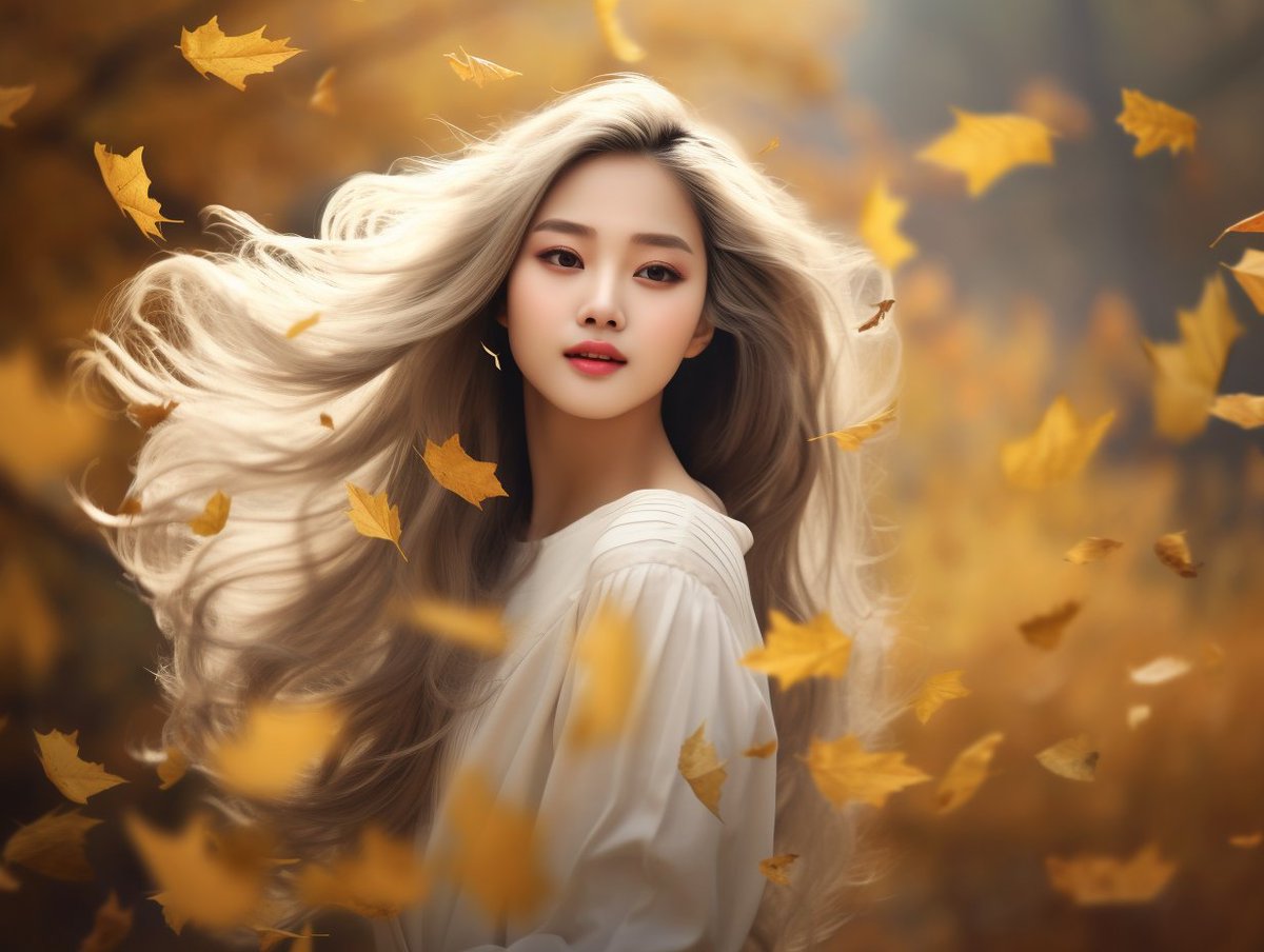 The young girl's radiant presence merges harmoniously with the golden hues of autumn, captivating all who behold her timeless grace. #beautifulgirl