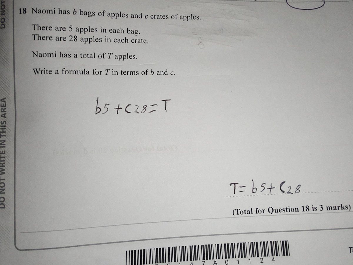 Help settle a maths office debate! 
Mark scheme gives one mark for ‘a linear expression’ and also states ‘allow 5 x b’. Is this unconventional or incorrect? How many marks would you award?