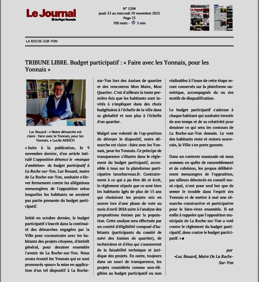 Dans le Journal du Pays Yonnais, ma tribune en réponse aux propos à nouveau mensongers de l’opposition municipale de <a href="/larochesuryonfr/">La Roche-sur-Yon, Ville & Agglomération</a> sur notre #budget #participatif.
Oui, ce sont bien les #Yonnais qui choisiront par leur vote les projets collectifs qu’ils souhaitent soutenir !