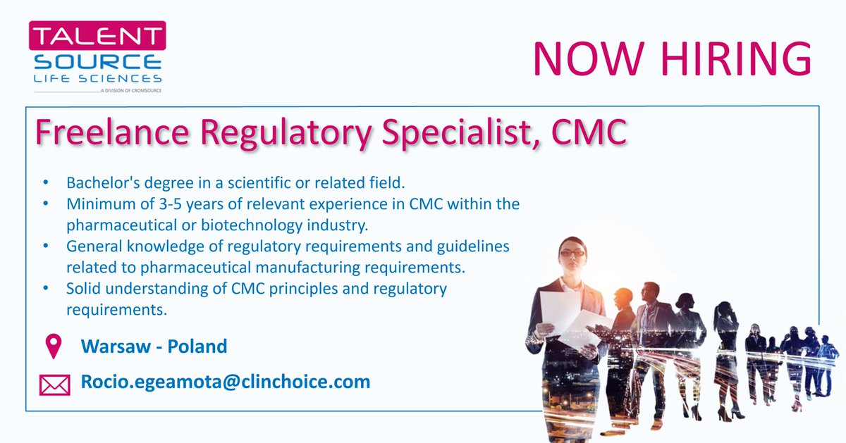 TalentSourceLS's tweet photo. Do you have experience as a CMC Specialist within a pharmaceutical or biotech company, and do you have a strong knowledge in the regulatory aspects of manufacturing? If so, this job may be for you!
 
https://t.co/JeOm6dydfc

#regulatoryaffairs #hiring #careers #jobs #regulatory https://t.co/7cA5yXtySL
