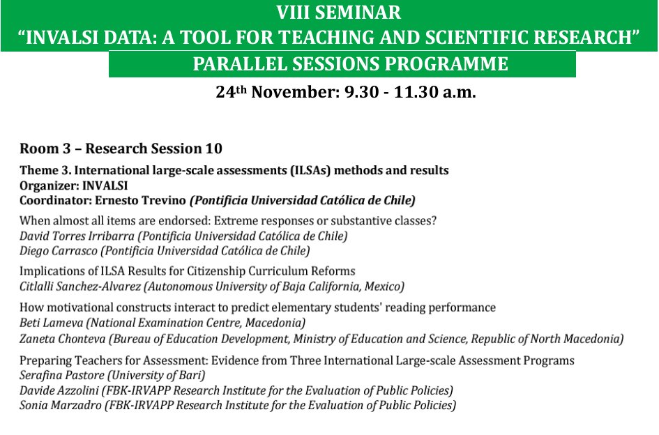 VIII Seminar #INVALSIdata: 2nd day starts with 3 parallel research sessions on fostering the evaluation capacity building for school improvement, gender stereotypes &amp; international large-scale assessments (ILSAs) methods and results

#datiINVALSI

serviziostatistico.invalsi.it/wp-content/upl…